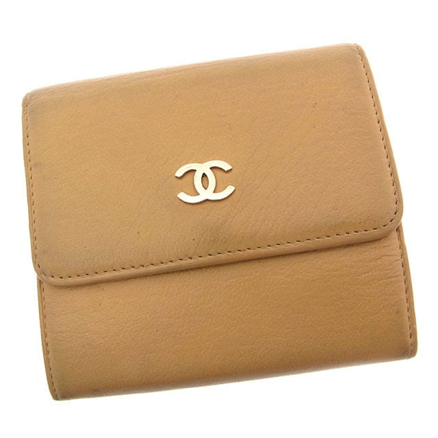 Wホック財布 三つ折り コンパクトサイズ ココマーク ベージュ シルバー 中古
