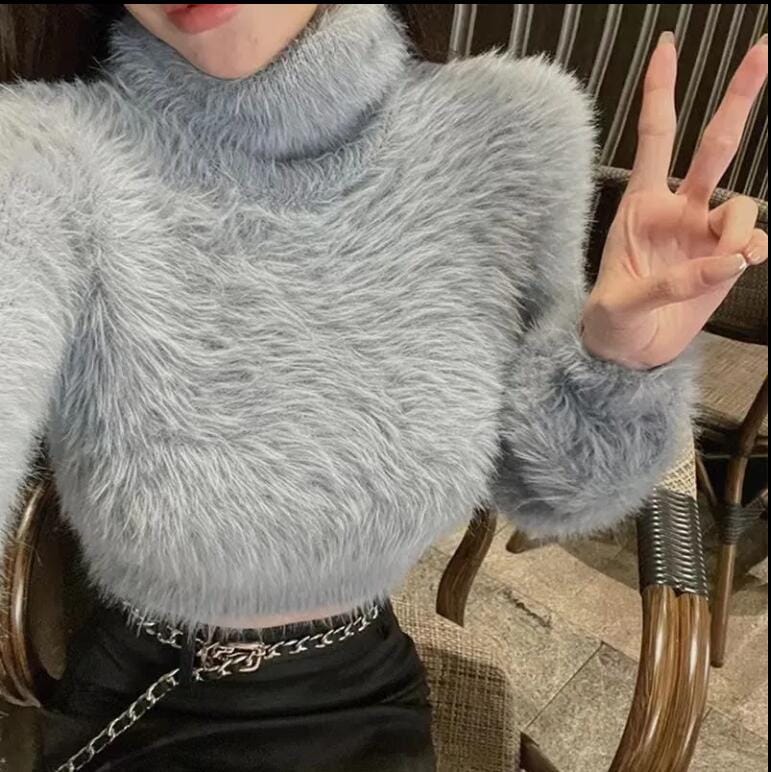 タートルネックセーター女性厚手モデルミンクを模したダウンカーディガンショートセーター女性トップス