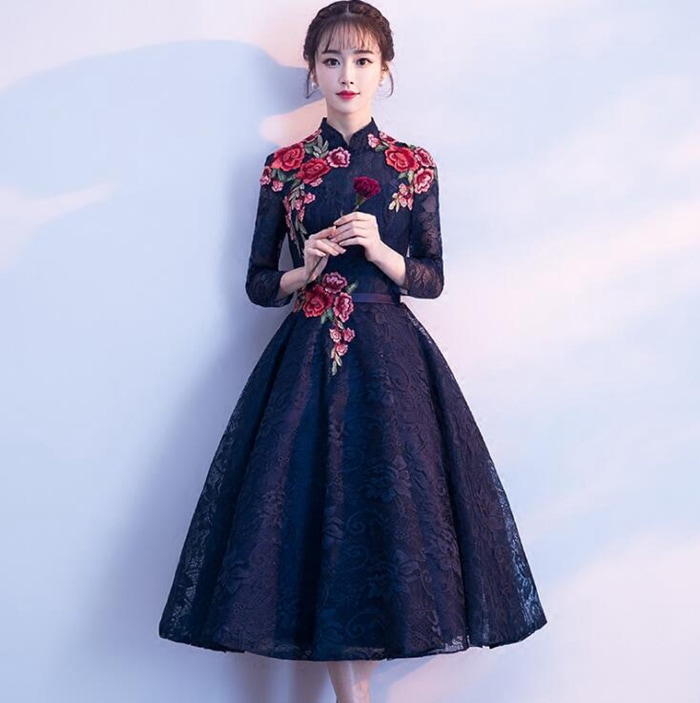 送料無料 パーティードレス ミモレ丈 結婚式ドレス 花柄刺繍＆総レース　チャイナドレス お呼ばれドレス 袖あり 袖 ニ次会 フォーマル セレブ 二次会 2次会 パーティードレス ミモレ丈 フォーマル