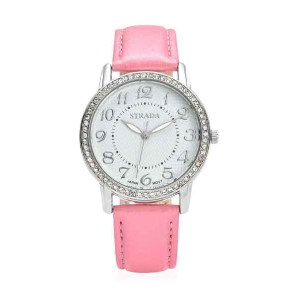 カジュアル腕時計 STRADA Crystal Japanese Movement Watch with Pink Faux Leather Strap 5.5-7.25