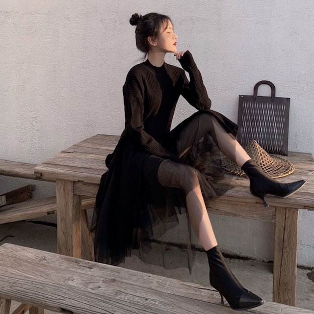 ニット ワンピース ドレス レディース 大きいサイズ チュールスカート セットアップ 長袖 ロング お呼ばれ