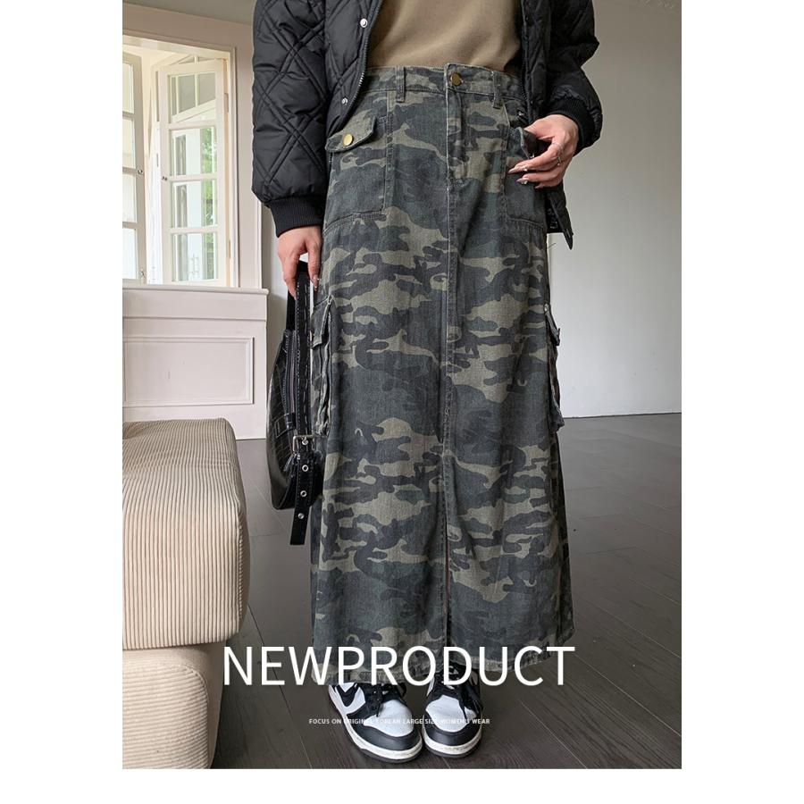 【品質新品】大きサイズ スカート ロングスカート 迷彩柄 綿コート　タイトスカート ロング丈 マキシスカート カモフラージュ マキシ カーゴスカート 着痩せ バッ