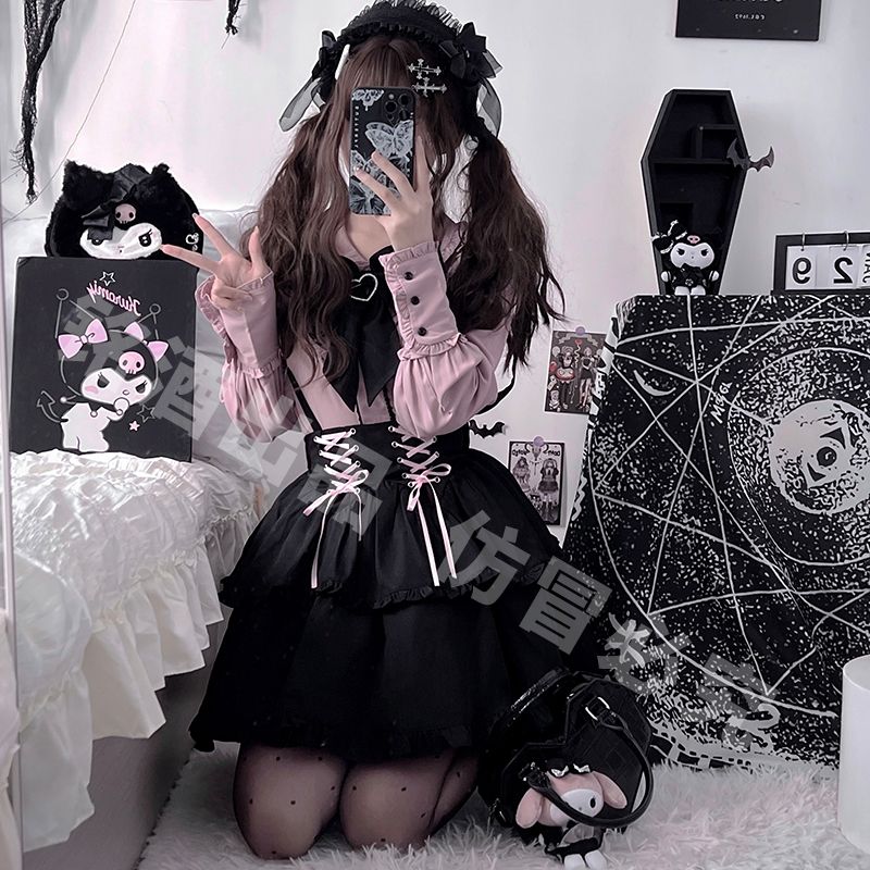 制服セット レディースレースサイド長袖ピンクシャツバックワンピースセット