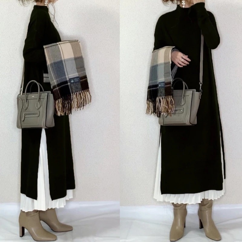 【韓国の人気爆発】 シンプル ハーフネック 長袖 スリット プルオーバー ワンピース ギャザー ノー カラー スカート セットアップ 2点セット 秋 冬 レディース