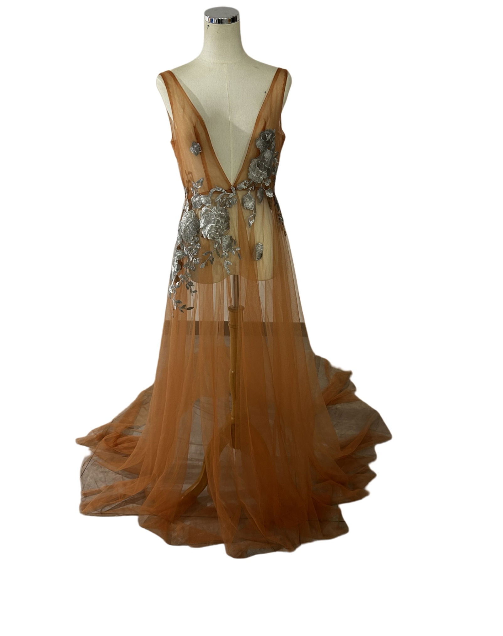 オーバードレス オレンジ Vネック シースルー 花モチーフ ロングトレーン 2次会 21,791円