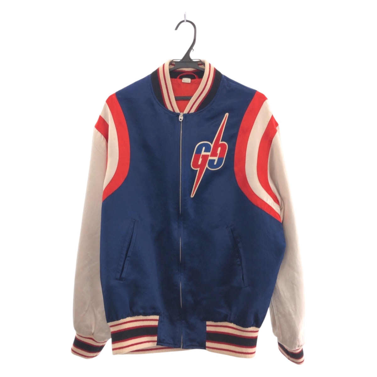 美品 GG サイズ44 ネイビー ホワイト レッド シルバー金具 アセテート/レーヨン/ポリエステル 575315 ZABZR スタジャン ジャンパー メンズ 411466