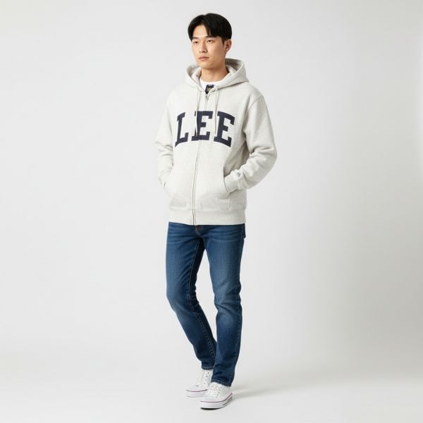 Denim Appliqué Hooded Zip-Up Oatmeal