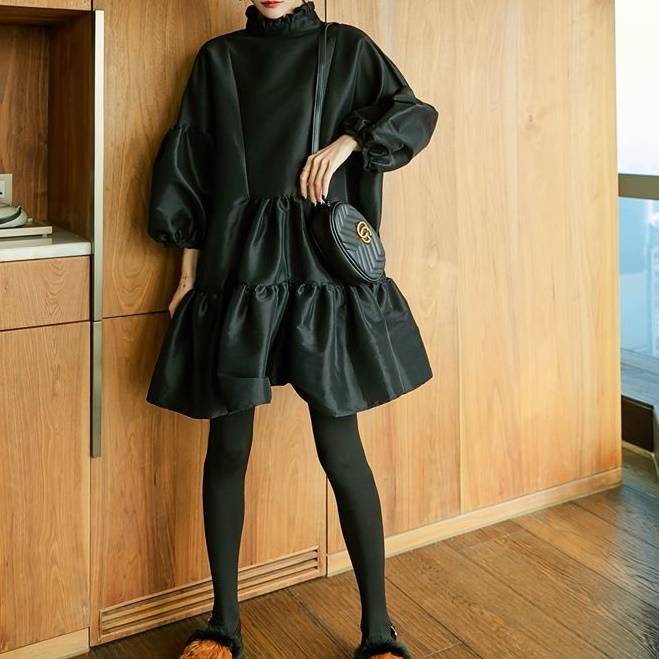 レディース ティアード パフスリーブ 長袖 チュニック ワンピース S M おしゃれ オシャレ お洒