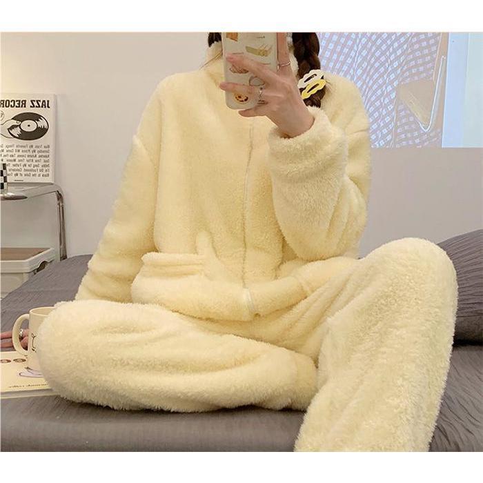 パジャマ ルームウェア 2点セット 上下セット レディース 暖かい 裏起毛 ハイネック 長袖 ジップアップ ロングパンツ 可愛い ナイトウェア 寝巻き