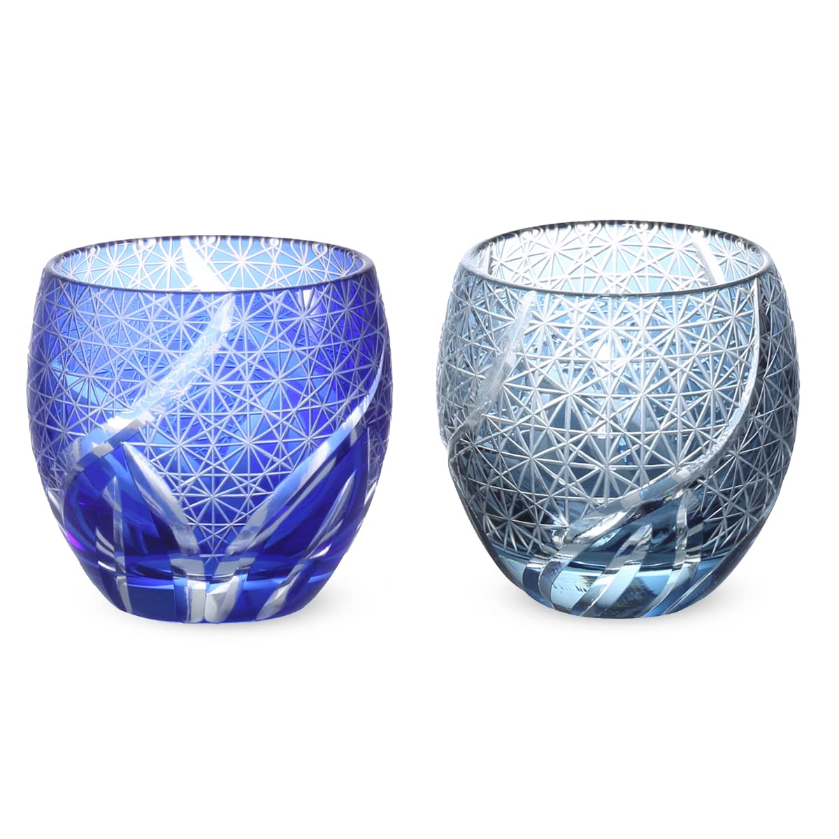 J-kitchens レトロ 切子 ペア エッグ型 グラス カップ 冷酒 盃 Φ5.5×5.9cm 100cc 乱彫小紋 ブルー & インクブルー 底彫あり 華匠 Current Model