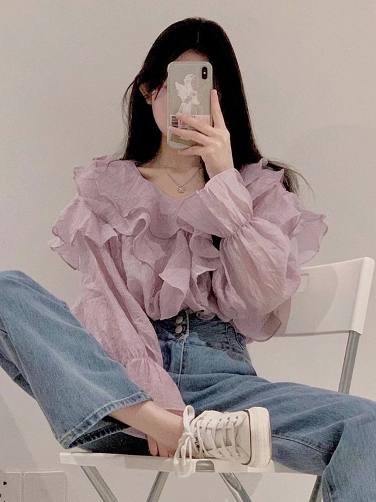 【1つ買うと20つ無料】2025年春春の女性のための長袖のシャツ 薄いスタイル不規則なフリル