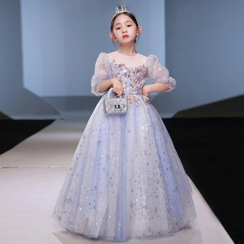 全3色 子供ドレス ピアノ発表会ドレス パープル ブルー シャンパン色 ロングドレス 演奏会ドレス 女の子 スパンコール キラキラ 女児ドレス 星柄 可愛い キッズドレス ピアノ発表会 演奏会 フォー