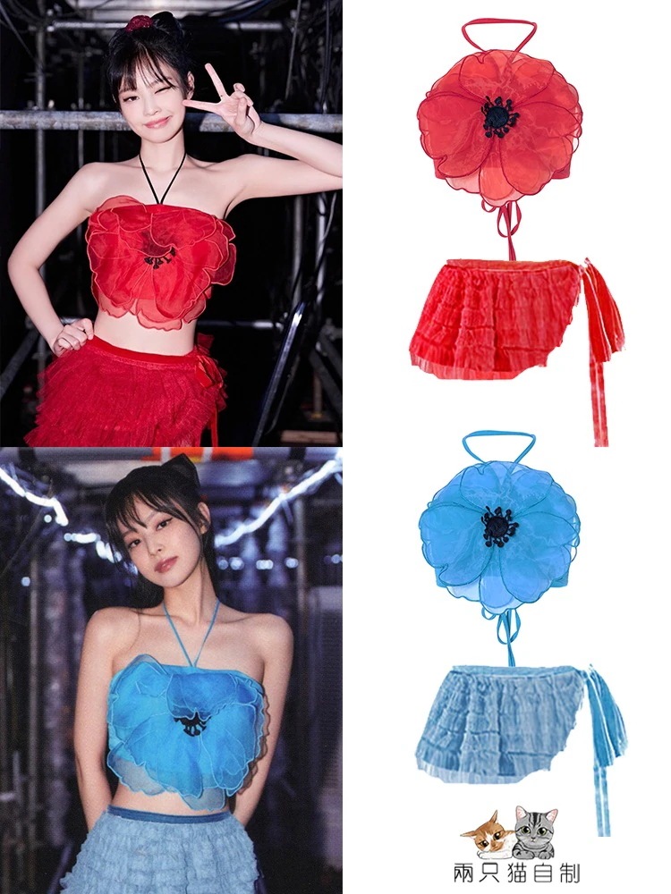 コンサートジンジーフラワー立体ホルターネックストラップトップガーゼスカートスーツホット
