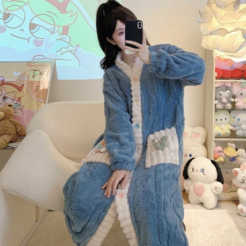 【3日以内出荷】スリーパー女性秋冬ロングダウンプラス厚手フランネルバスローブ保温パジャマ部屋着女性
