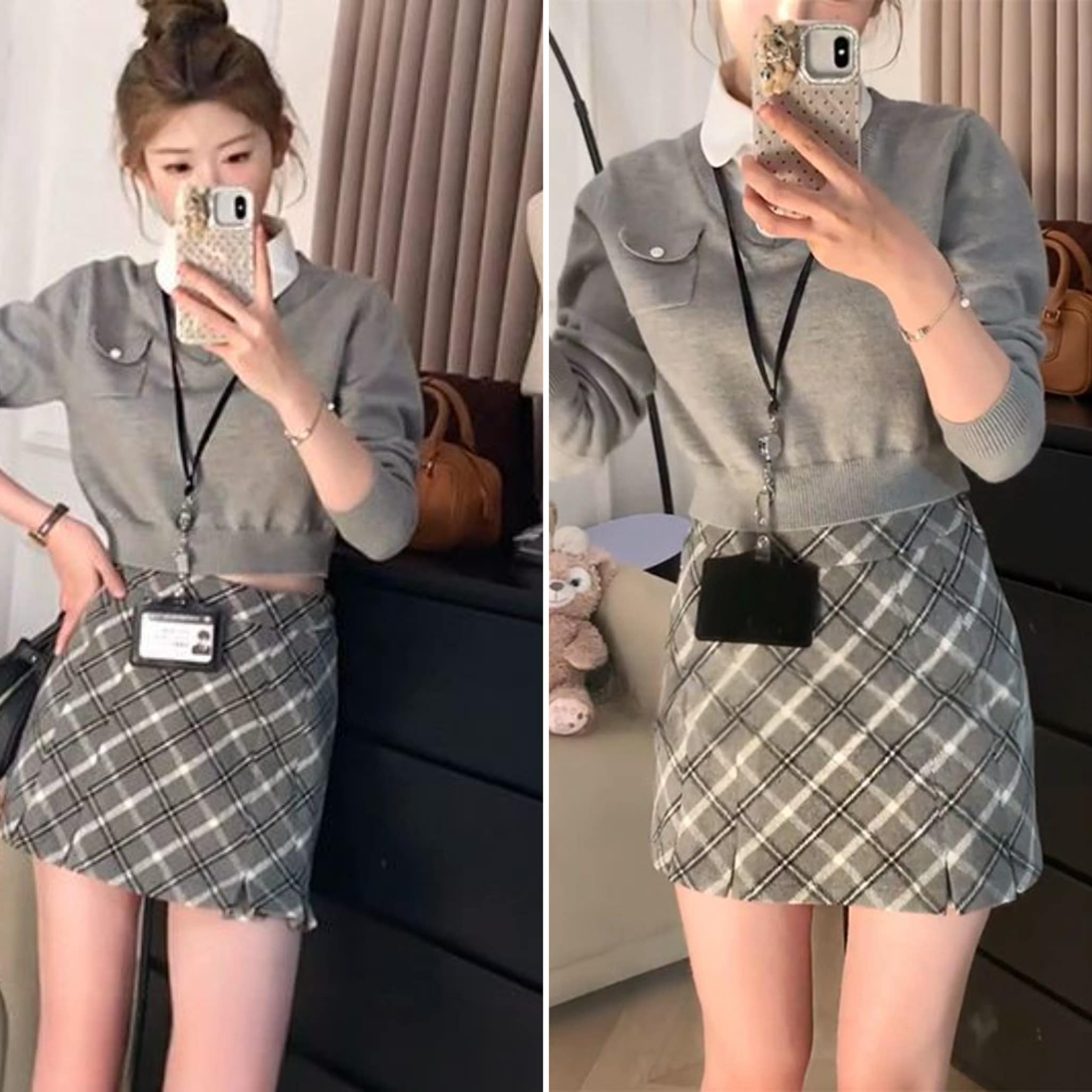 アカデミック ショート丈 スタイルを引き締めてスリムに見せる ニット長袖 上着をかぶせる チェック柄スカート 2つのセット