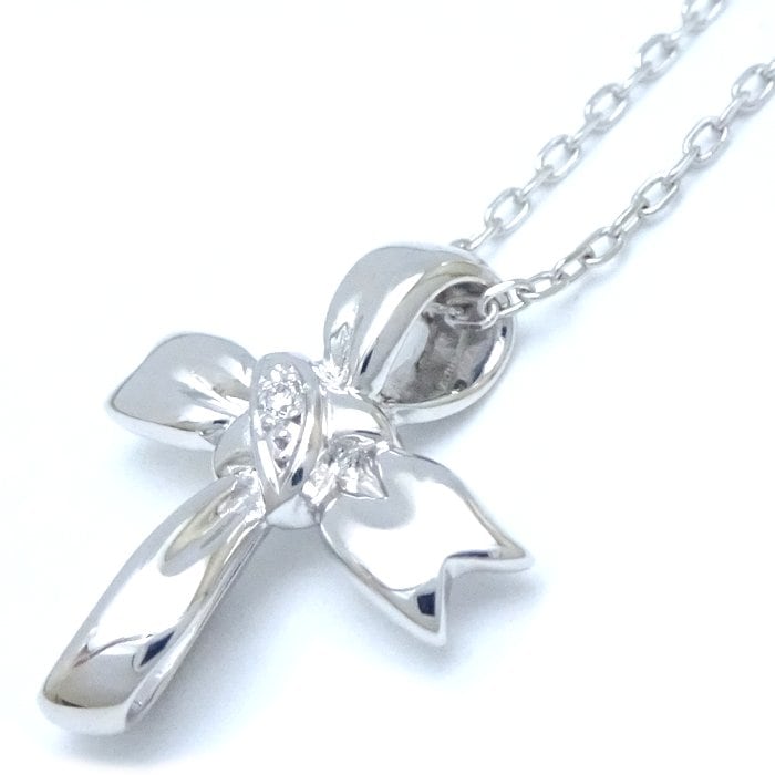 リボンクロス ネックレス ダイヤモンド0.01ct K18WG ホワイトゴールド/291553【中古】
