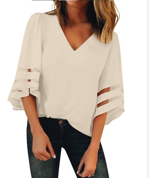 秋の新しいソリッドカラーv-ネックスポットセブンポイントスリーブルーズシフォンシャツ女性ヨーロッパとアメリカの女性のレジャートップ