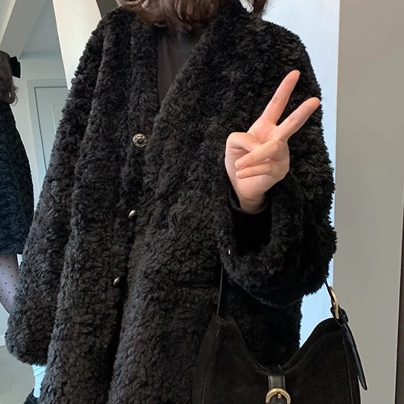 スペードマキアートブラックゆったりVネック毛羽コート女性エコ毛羽厚手コートラッシュ