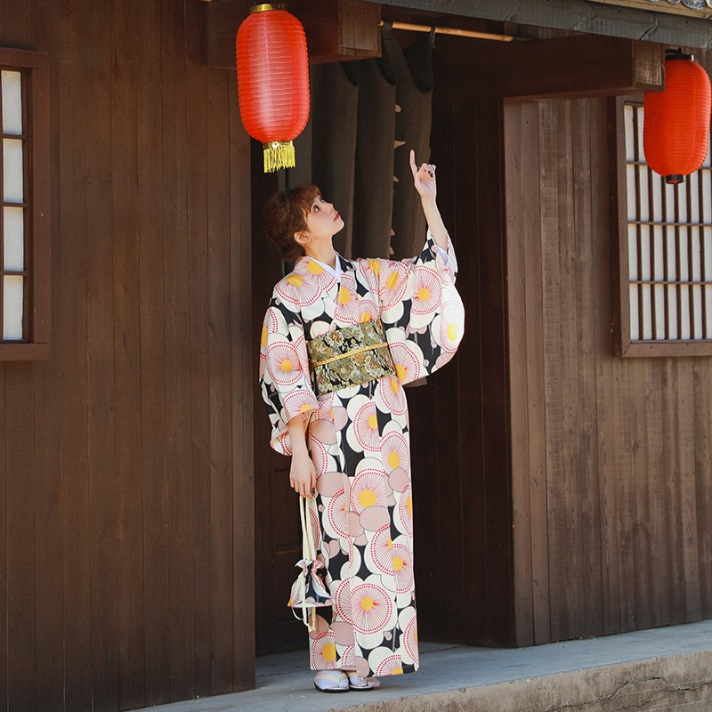 新入荷 浴衣 浴衣セット ブラックピンク 改良着物 おしゃれで かわいい 大人の着物 セット 夏祭り花火大会
