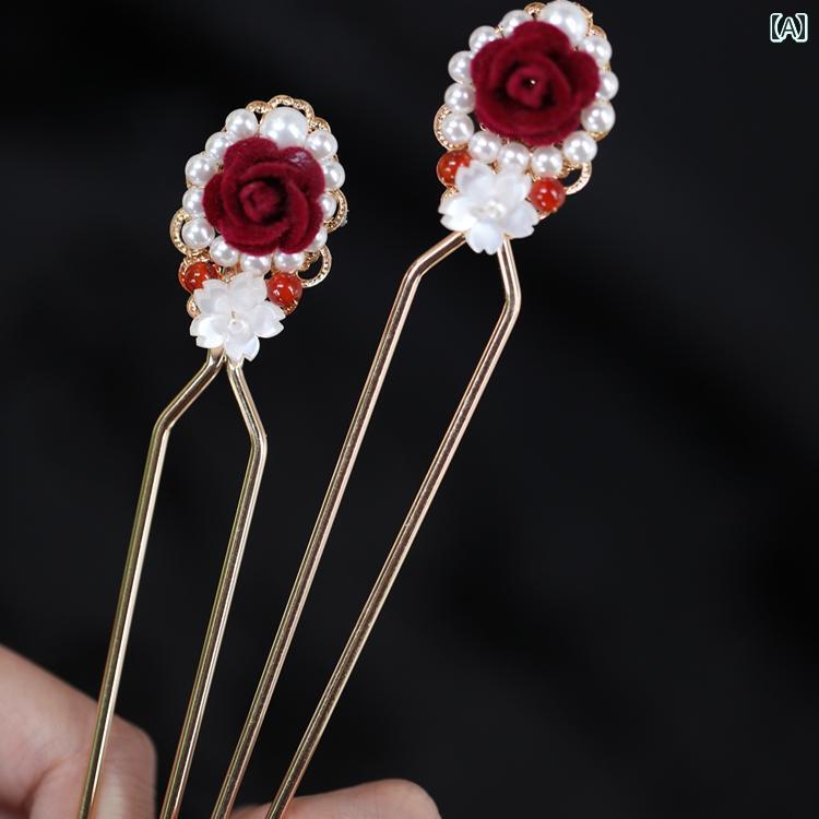 かんざし 大人式 卒業式 赤 椿 U字型 ヘアピン チャイナ風 クール レトロ 髪飾り パール アンティーク アクセサリー 8,057円