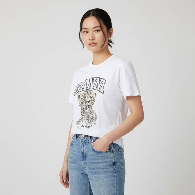 ガニ 26SS ベーシックジャージー レオパード リラックスフィット 半袖 レディースTシャツ T4124 943