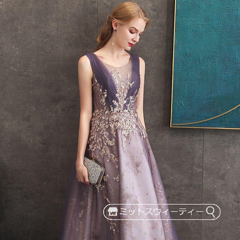 カラードレス パーティードレス ノースリーブ 演奏会 発表会 ウェディングドレス 編み上げ イブニングドレス 上品 洗練感 二次会 パープル ラメ 紫 高級感 大人