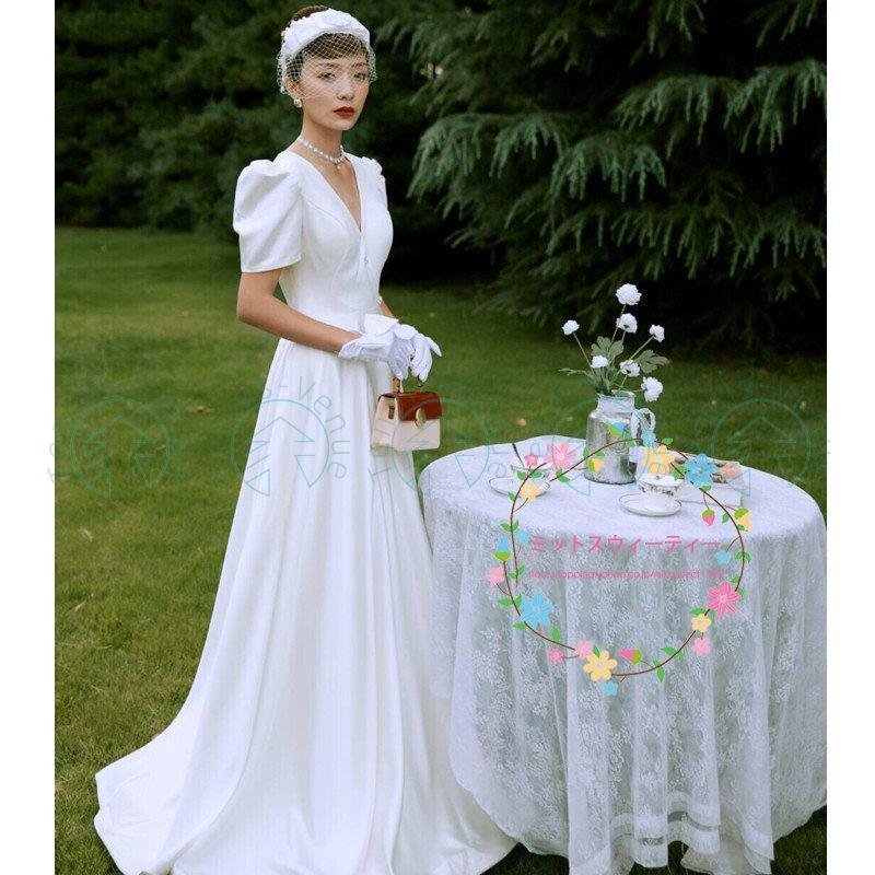 ウェディングドレス エンパイアライン 袖あり 白 ワンピース 結婚式 二次会 挙式 披露宴 前撮り