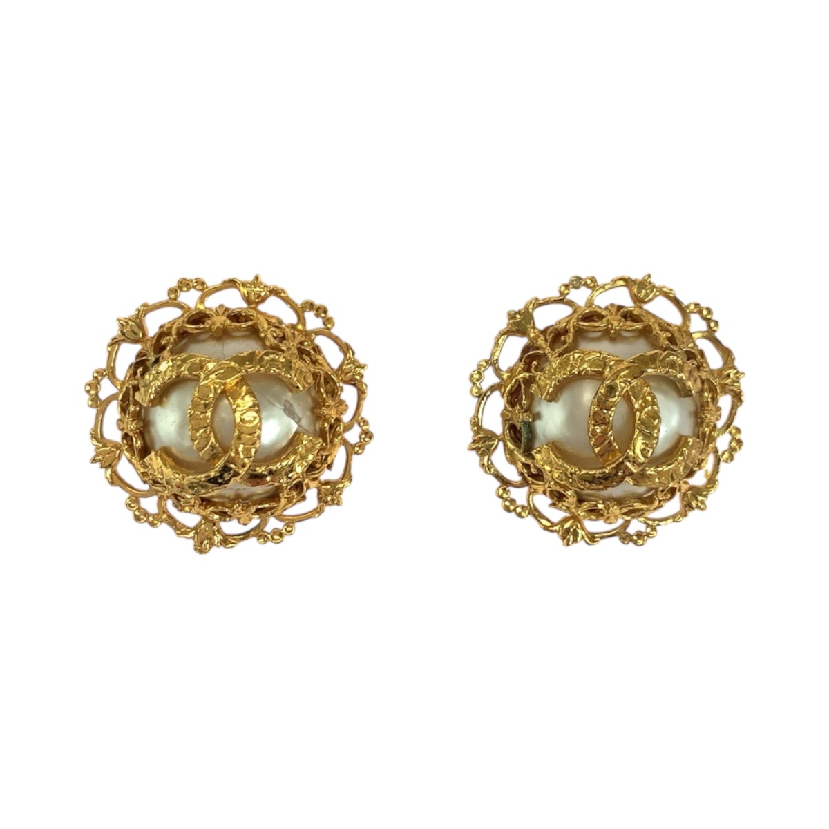 ヴィンテージ 溶岩 ココマーク バロックパール ゴールド ホワイト メタル イヤリング 28刻印 レディース 503390