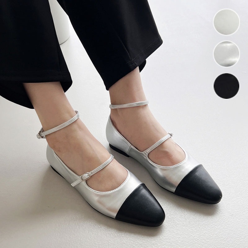 3color 安定感のある 甲ストラップ付き．アンクルストラップ付き コンビ素材．異素材ミックス 配色．バイカラー 細ストラップ ローヒール デイリー メリーシェーン フラットシューズ 4,439円