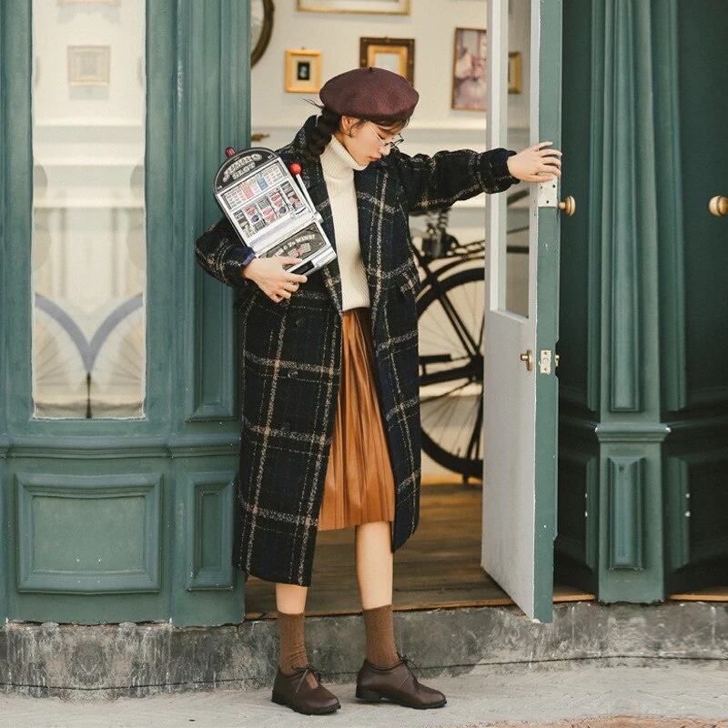 冬新作ゆったりチェック柄長袖ロングチェスターコートレトロ可愛い上品体型カバーオルチャントレンド秋冬