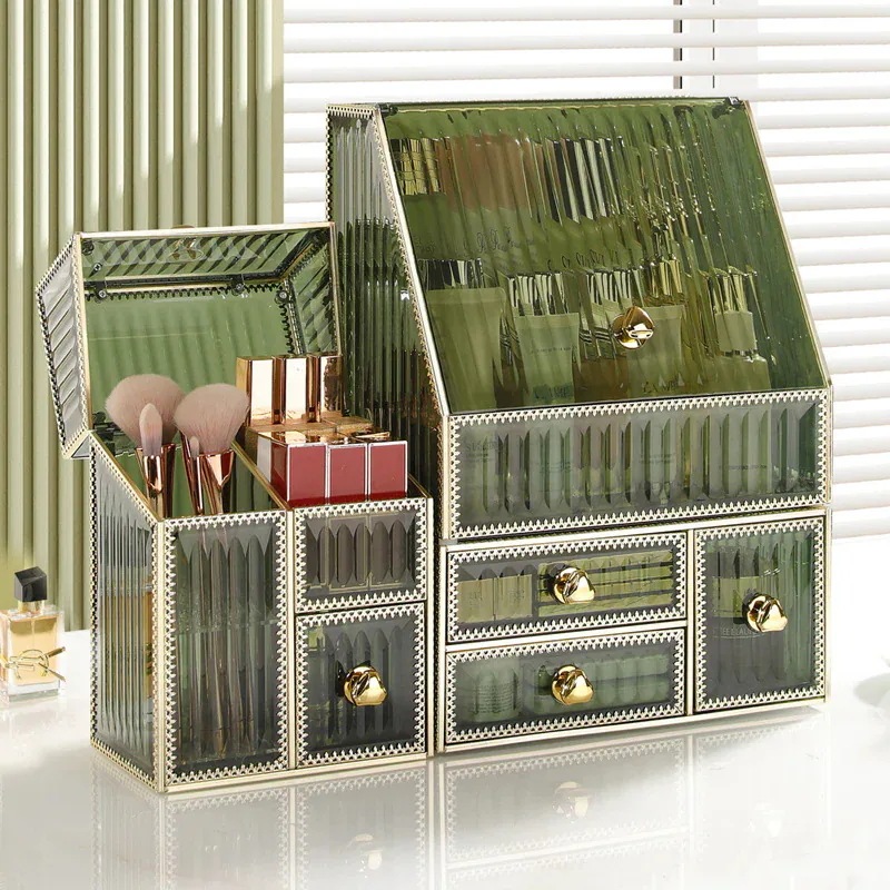 化粧品収納ボックス防塵用大容量ストライプデスクトップ口紅化粧台スキンケア用品ネットレッドラック3339