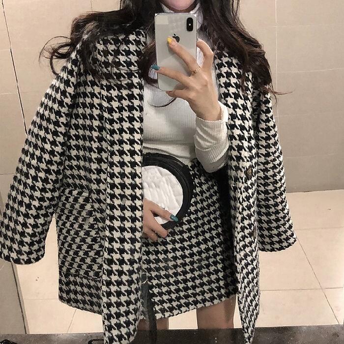 セットアップ 2点セット 千鳥格子 ジャケット コート テーラード スカート ショート丈 レディース エレガント きれいめ カジュアル 大人 可愛い フェミニン 体型カバー 韓国 ゆったり ブラック