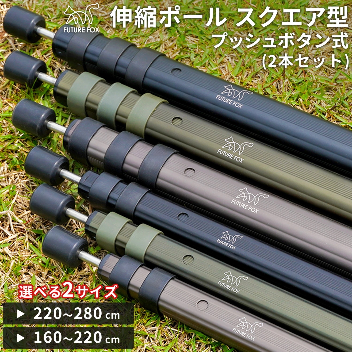 伸縮ポール 2本セット キャンプ タープポール テントポール アルミ製 プッシュボタン式 ポール 目盛付き 収納袋付き キャンプ用品