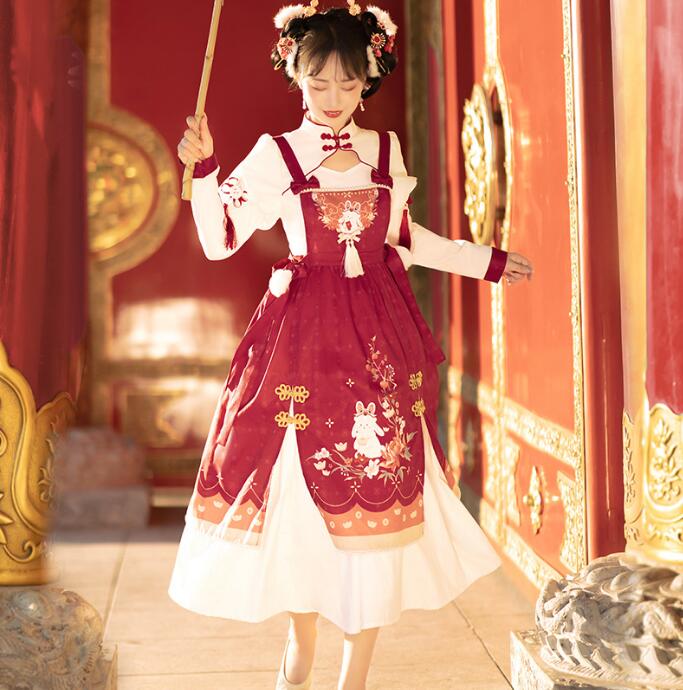漢風 ロリータワンピース 兎柄 2点セット ロング丈 中華風ロリータ服 長袖 中華服 ハロウィン コスプレ 発表会 学園祭 文化祭 改良版漢服 春秋冬 コスプレ衣装