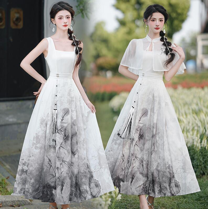 中華風ドレス レトロドレス ロング丈 キャミソールドレス 羽織 竹刺繍 ボレロ 改良版漢服 漢風ドレス 変身仮装 女性 ハロウィン コスプレ衣装 春夏秋 演出服 普段着 学園祭 文化祭 撮影衣装