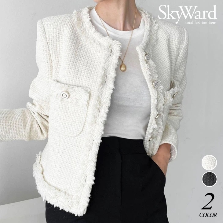 ツイード ノーカラー ショート丈 ジャケット アウター 羽織り レディース トップス 可愛い おしゃれ 流行 カジュアル きれいめ シンプル 大人 秋 冬 ゆったり 大きめ オケージョン 結婚式 卒業