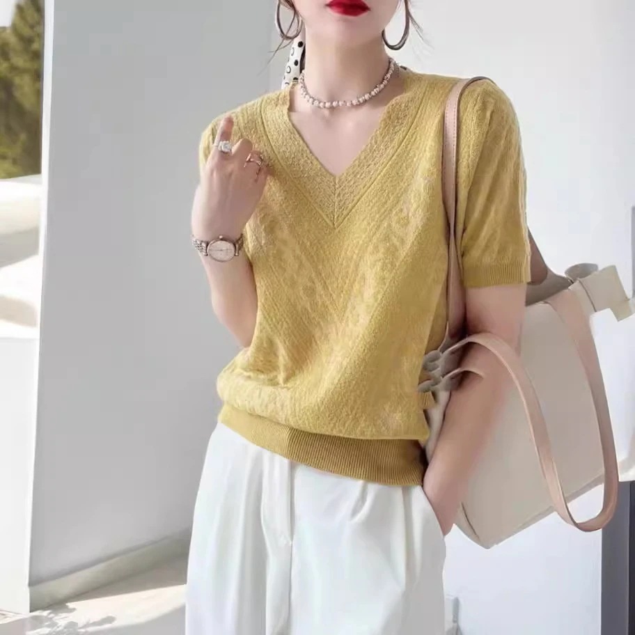 春 夏 ニットカーディガン アイスシルク 半袖 高級感 トップス ゆったり 通勤 レディース 着痩せ 気質