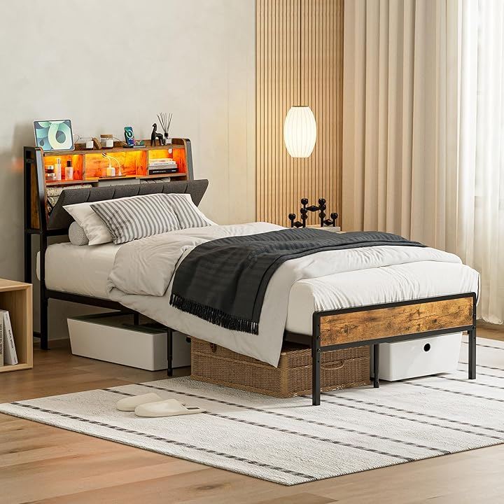 ベッドフレーム ファブリックベッド収納宮棚付き パイプベッド シングルベッド スチールベッド 2段階高さ調整 布張り 静音 通気性 頑丈 カビ防止 安定性 (ビンテージ, シングル)