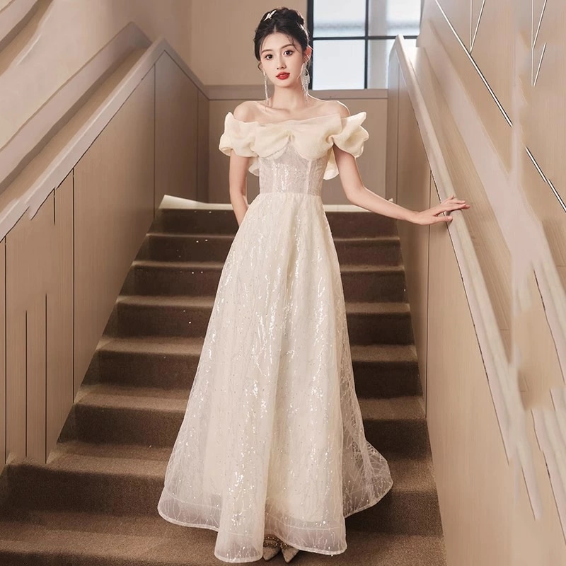 イブニングドレス ロングドレス オフショルダー シャンパン色 スパンコール キラキラドレス 発表会ドレス オフショル ロング パーティードレス 結婚式ドレス 二次会ドレス Aライン S M L XL