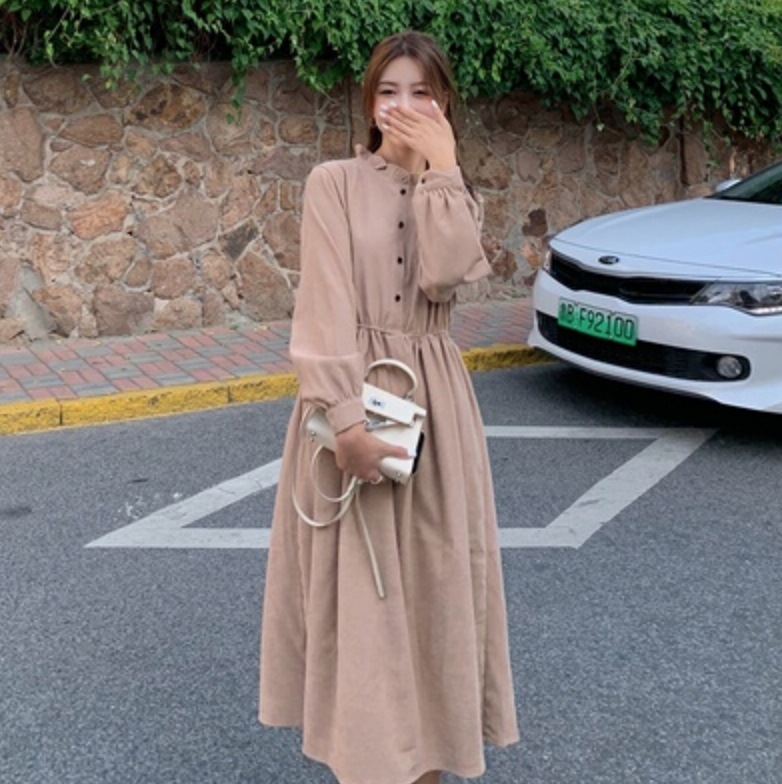 ワンピース レディース フレア ロング丈 袖あり 2XL 3XL 4XL ベージュ パープル ブラック 個性的 主役級 存在感 無地 春 秋 10代 20代 おしゃれ フリル ギャザー ガーリー