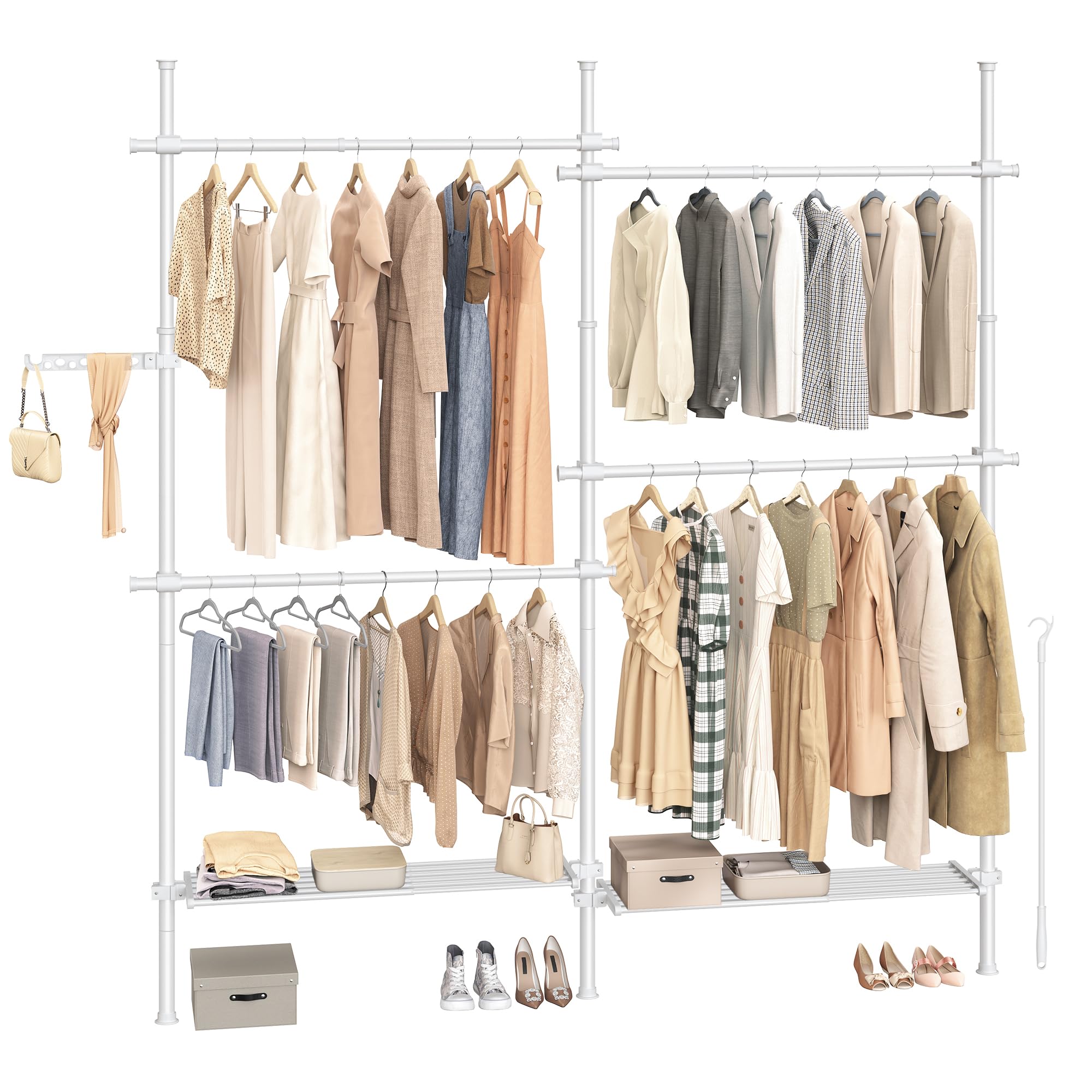 SONGMICS ハンガーラック ツッパリ式 伸縮式ランドリーラック 2列 洋服掛けスタンド 室内・ベランダ物干しラック 横162-238cm縦208-310cm 衣類収納 鞄掛け L字型設置可能