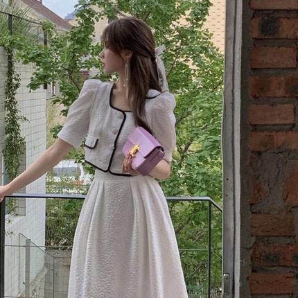 トップス スカート デート シャツ ブラウス カットソー フレアスカート ロング 袖あり スクエアネック 個性的 ホワイト ブラック S M L XL セットアップ レディース レトロ こなれ感 5,314円