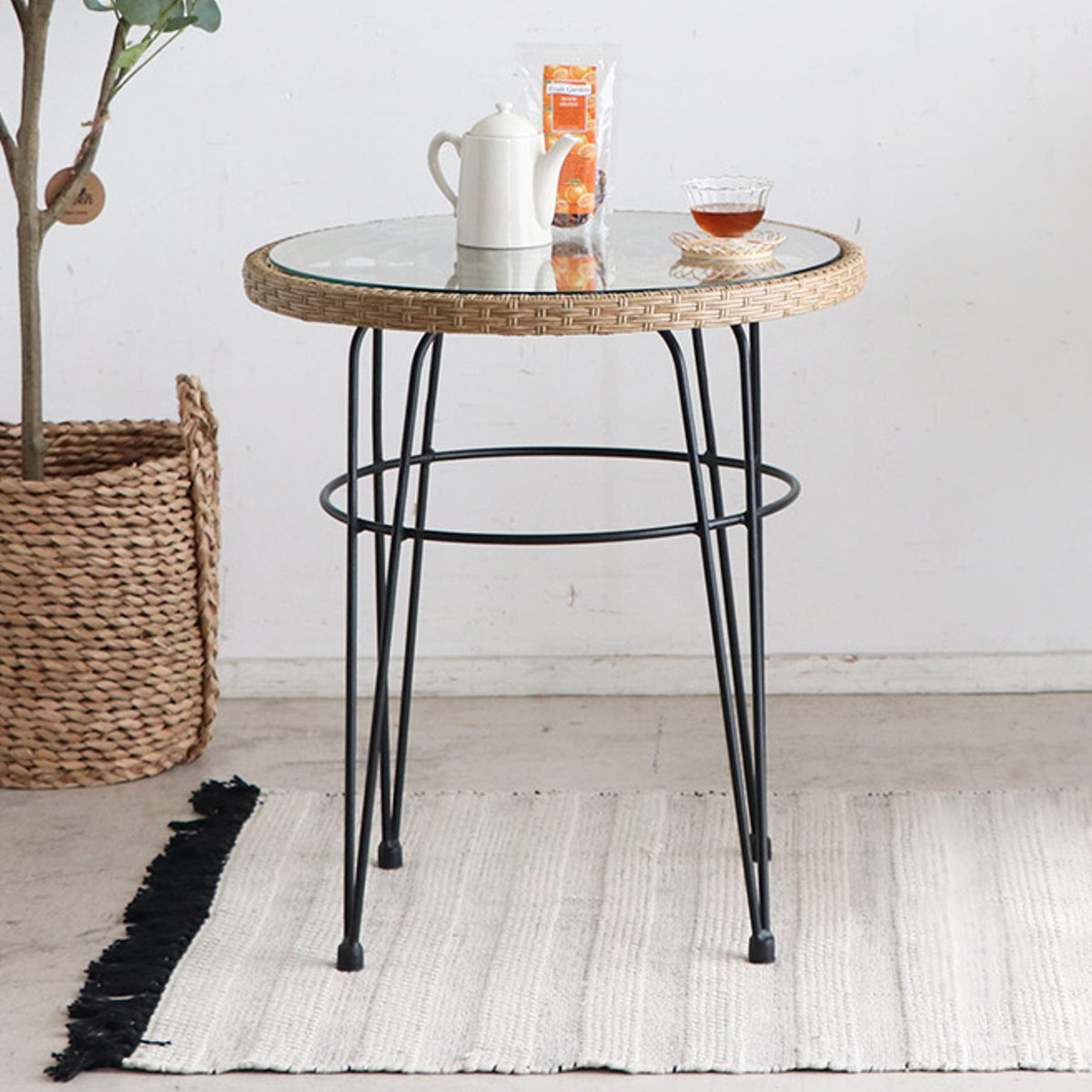 リゾネア カフェテーブル 高さ66.5cm ラタン調 ガラス天板 テーブル 籐 センターテーブル 机 丸 人工ラタン ガラステーブル 丸テーブル リゾートテーブル 円形 おしゃれ ナチュラル