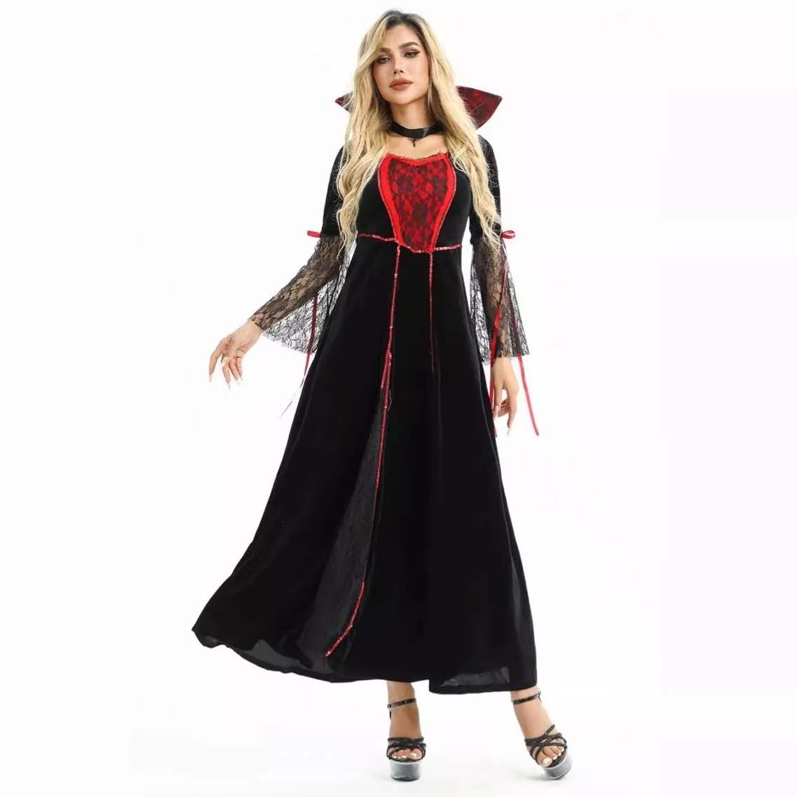 2024 ハロウィンコスチューム マジックローブ 魔女コスチューム ホラー魔女女王 ダークゴシックドレス パフォーマンスコスチューム