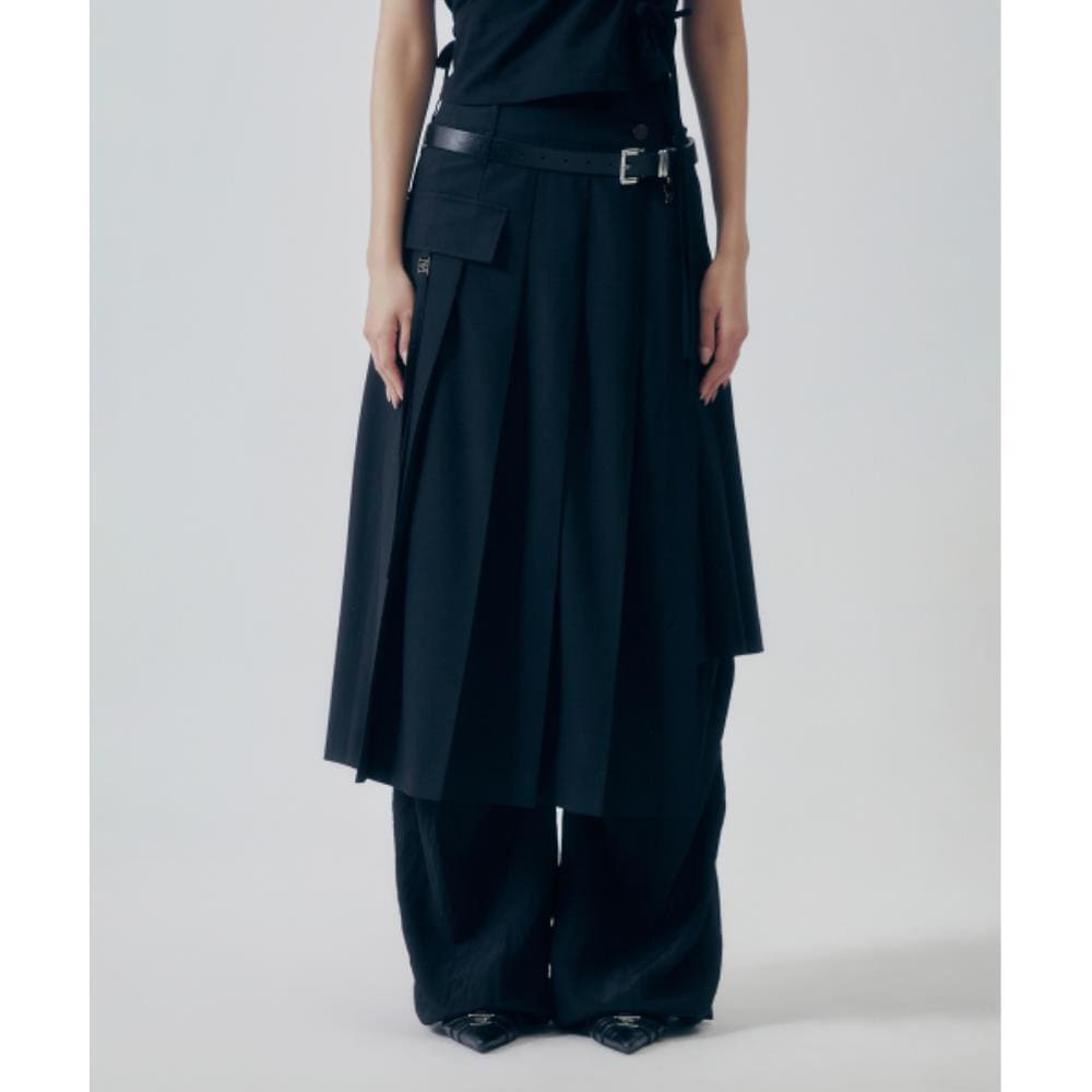 TREEMINGBIRD 2Way Layered Pleated Aline Skirt Black TM