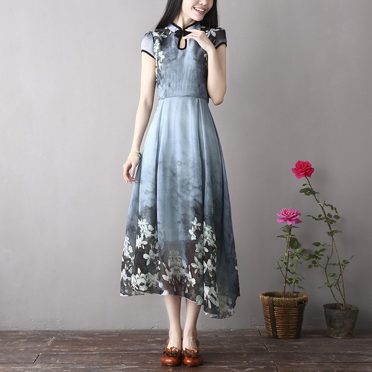 1548.花柄プリントロングドレス（グレーブルー） 2019 春夏 sale イベント 食事会 結婚式 フォーマル 挙式 女子会