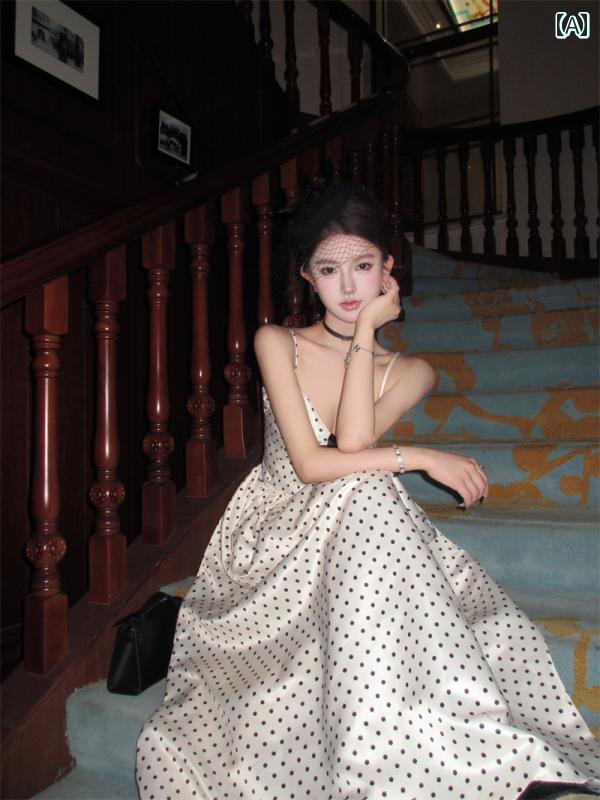 ワンピース リゾート レディース 大人 ハイエンド ドレス ドット サスペンダー スカート レトロフレンチ ドレス ロング スカート きれいめ