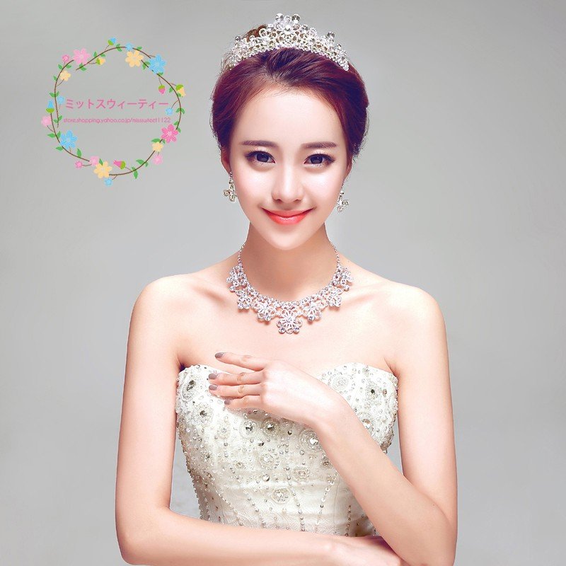 ティアラ クラウン ネックレス ピアス/イヤリング 3点セット 結婚式 髪飾り 花嫁 パーティー 披