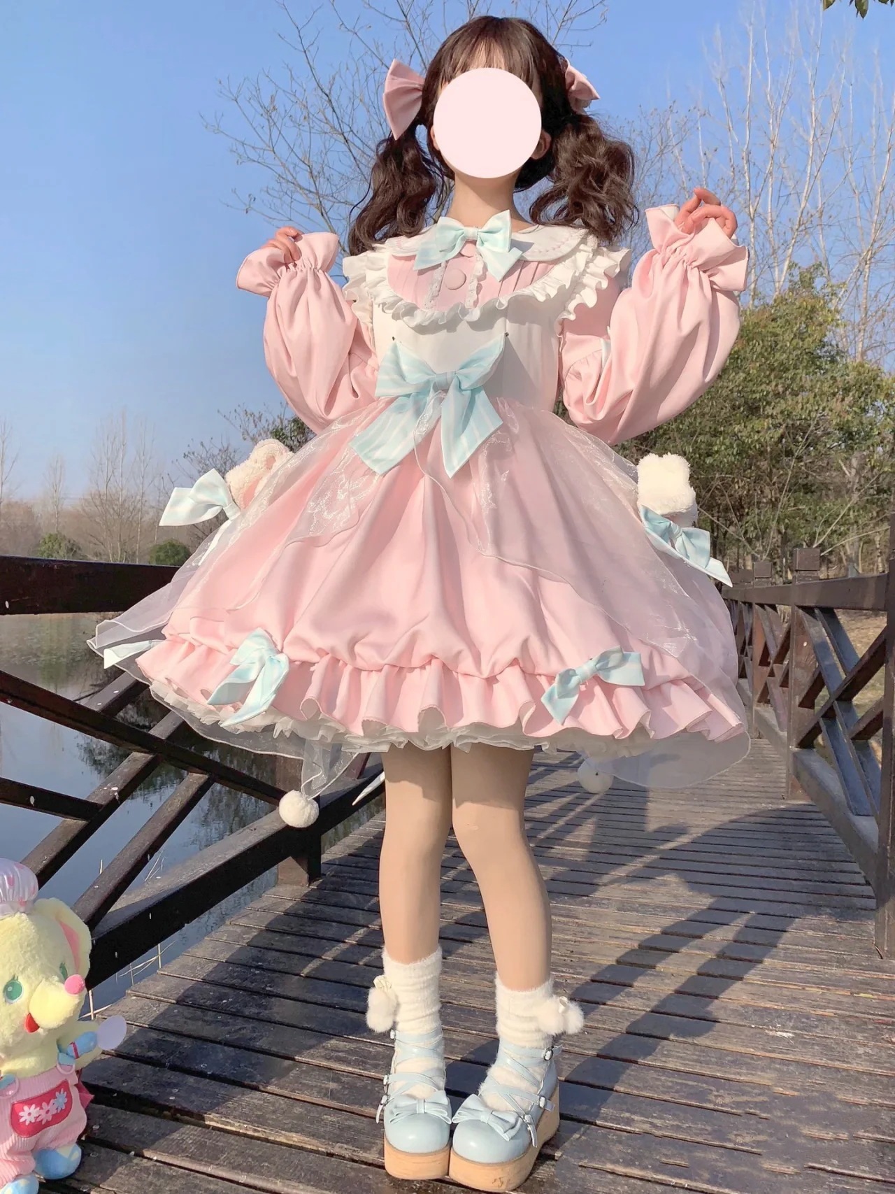 ロリータ秋冬新作ワンピースlolita可愛い長袖メッシュお姫様スカート大童百タックロリータスカート