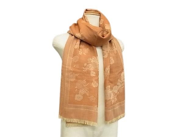 ストール カシミヤ35％ シルク35％ ウール30％ - 花柄 フリンジ オレンジ系 大判 マフラー ブランド 高級 大人可愛い アクセサリー ギフト プレゼント ベルト【本物保証】